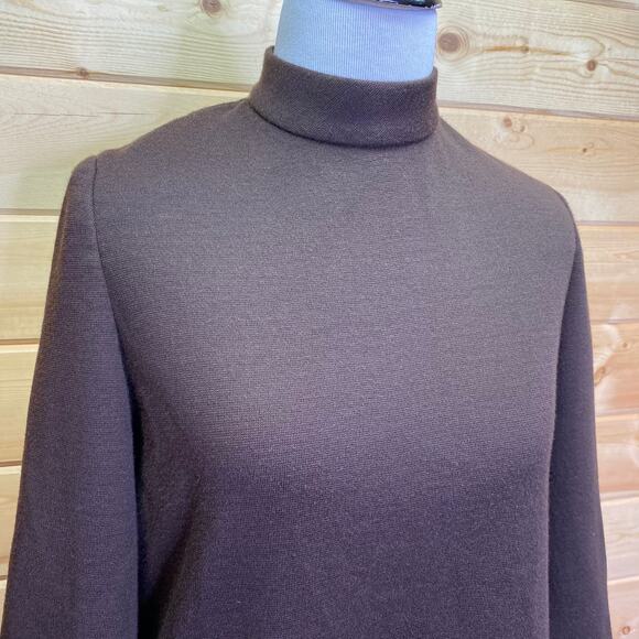 Vintage ILGWU Union Made Brown Polyester Mock Neck Chevron Shift Dress - Picture 2 of 11